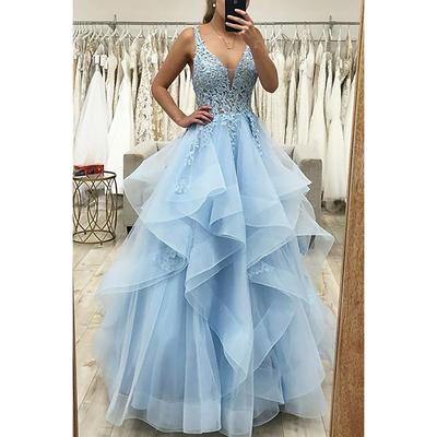 Ball Gown A-Line Prom Dresses Princess Dress Formal Wedding Guest Floor Length Sleeveless V Neck Tulle Backless with Pleats Ruched Appliques 2024