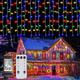 Outdoor Christmas Icicle Window Curtain Lights 6x1M-300LED Plug in 9 Colors Remote Control Window Wall Hanging Light Warm White RGB for Bedroom Party Garden Christmas Decorations 31V EU/US/AU/UK Plug