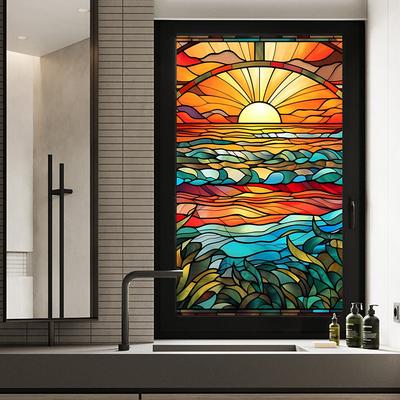 Stained Glass Window Privacy Film, UV Blocking Window Film, Colorful Flower Pattern Door Covering for Bathroom Office Kitchen Window Home Decor