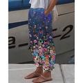 Women's Linen Pants Pants Trousers Baggy Faux Linen Floral Side Pockets Baggy Full Length Fashion Casual Daily Blue khaki S M
