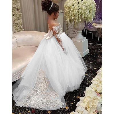 Ball Gown Court Train Flower Girl Dress First Communion Girls Cute Prom Dress Satin with Bow(s) Mini Bridal Fit 3-16 Years