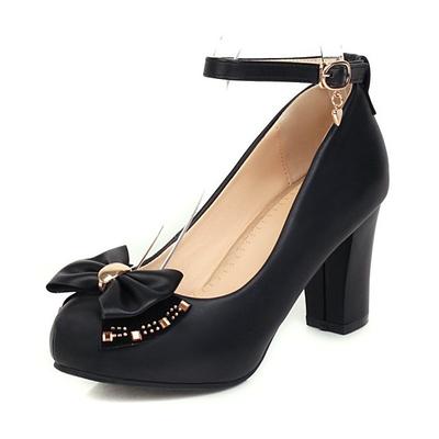 Girls' White Block Heel Dress Shoes – Round Toe Pumps with Bow Ankle Strap for Wedding, Party Formal Occasions