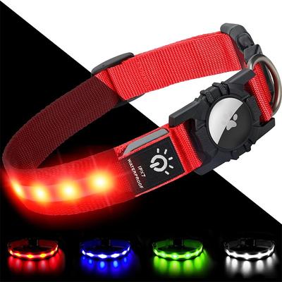Light Up Dog Collar IPX7 Waterproof LED Flashing for Airtag Pet Collars for Dark Night Walking USB C Rechargeable Glow Nylon Collar with Air Tag Holder for Puppies Small Dogs Black