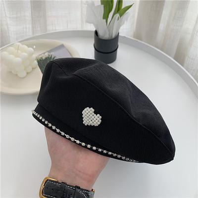 Faux Pearl Heart Decor Beret Elegant Solid Color Beret Hats Classic French Style Painter Cap For Women