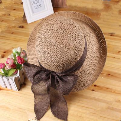 Big Brim Straw Hat, Solid Color Sun Hat Large Bow Tie Decor Beach Travel Cap Foldable UV Protection Hats