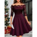 Women's Lace Dress Party Dress Lace Patchwork Off Shoulder Half Sleeve Midi Dress Wedding Vacation Wine Dark Blue Spring Winter