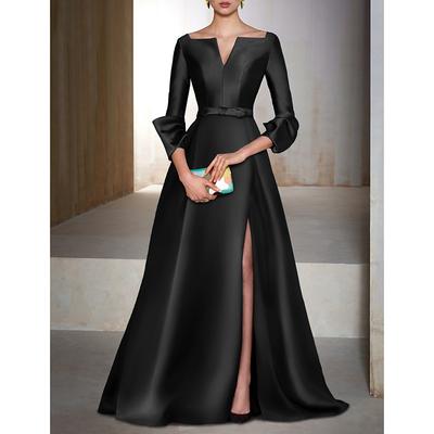 TS A-Line Chrismas Dress Evening Gown Elegant Wedding Guest Dress Formal Black Tie Cocktail Party Floor Length Long Sleeve V Neck Satin dress to impress 2025