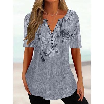 Women's T Shirt Henley Shirt Floral Tunic Basic Short Sleeve Round Neck Regular Tops Holiday Weekend Buttons Print White Yellow Light Green Blue Green