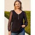 Women's Blouse Cotton Sparkly Party Casual Lantern Sleeve Black Mesh Patchwork Quarter Zip Long Sleeve Fashion V Neck Regular Fit Spring Fall