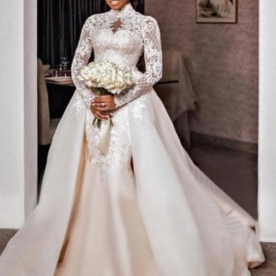 TS Formal Wedding Dresses Mermaid High Neck Long Sleeve Court Train Satin Bridal Gowns With Appliques 2025