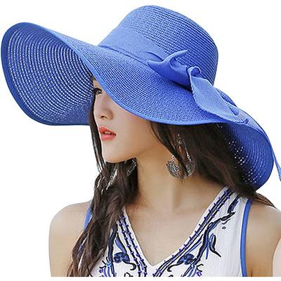 1 pcs Womens 5.5 Inches Big Bowknot Straw Hat Large Floppy Foldable Roll up Beach Cap Sun Hat UPF 50