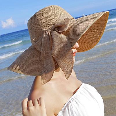 1 pcs Womens 5.5 Inches Big Bowknot Straw Hat Large Floppy Foldable Roll up Beach Cap Sun Hat UPF 50