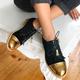 Women's Black Oxford Shoes with Gold Cap Toe, Tassel Detail, Fringe Design, and Leather Sole