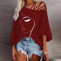 Women's Shirt Blouse Cotton Portrait Casual Black White Wine Print 3/4 Length Sleeve Fashion One Shoulder Regular Fit Spring Fall