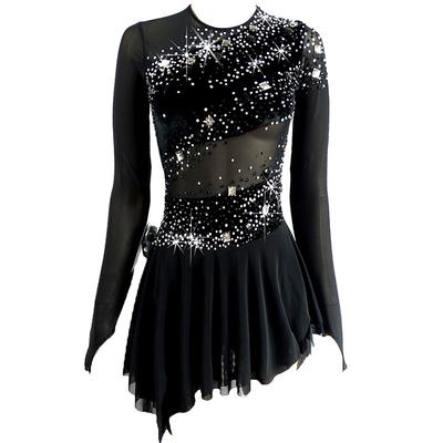 Figure Skating Dress Women's Girls' Ice Skating Dress Outfits Black Open Back Asymmetric Hem Mesh Spandex High Elasticity Competition Skating Wear Handmade Sequin Long Sleeve Figure Skating