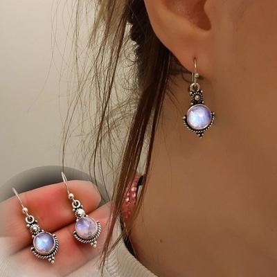 moonstone retro earrings fashion thai silver colorful gemstone ear hook ear jewelry