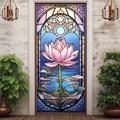 Stained Glass Lotus Door Covers Mural Decor Door Tapestry Door Curtain Decoration Backdrop Door Banner Removable for Front Door Indoor Outdoor Home Room Decoration Farmhouse Decor Supplies