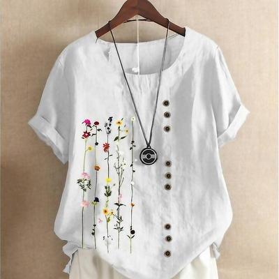 Women's 100% Cotton Shirt Blouse Floral Daily Vintage Casual Linen Like Short Sleeve Crew Neck White Summer Spring