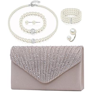 Bride Pearl Bracelet Necklace Earring Ring Handheld Bag Jewelry Set with 6 Diamond Set for Ladies