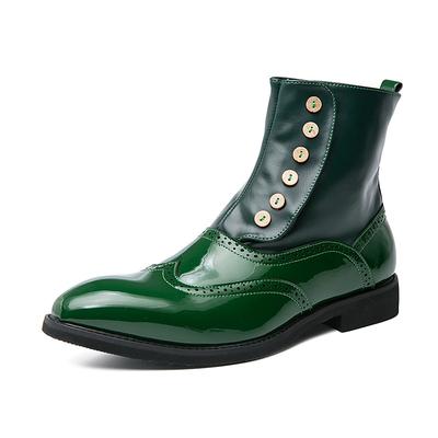 Men's Vintage Green Leather Button Boots - Stylish Wingtip Brogue Ankle Boots with Patent Leather Finish