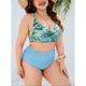 2 pcs Swimwear Bikini Plus Size Sexy Y2K Women's Floral Polyester Blue Bra Briefs