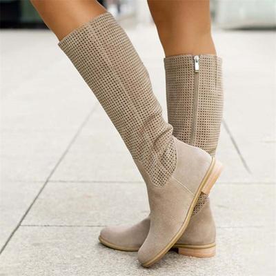 Women's Perforated Suede Knee-High Boots with Zipper - Stylish and Breathable Footwear for Casual Outings and Spring Fashion