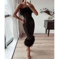 Sheath / Column Cocktail Black Dress Sparkle Shine Dress Party Wear Wedding Guest Tea Length Sleeveless Strapless Sequined with Feather Sequin 2024