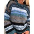 Women's Pullover Sweater Jumper Crew Neck Crochet Knit Cotton Blend Oversized Stripe Fall Winter Regular Outdoor Daily Going out Stylish Casual Soft Long Sleeve Color Block Striped Blue Purple Orange