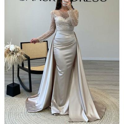 TS Mermaid Sequin Evening Gown Ruched Champagne Satin Dress Long Sleeves Masquerade Floor Length Illusion Neck with Pearls Overskirt dress 2025