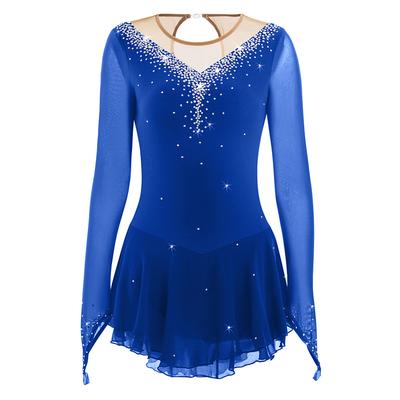 Figure Skating Dress Women's Girls' Ice Skating Dress Light Blue Black White Patchwork Mesh High Elasticity Competition Skating Wear Jeweled Rhinestone Long Sleeve Ice Skating Figure Skating