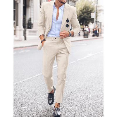 Men's Summer Wedding Linen Suits Sky Blue Dark Blue Fashion Casual Solid Colored Tailored Fit 2 Piece Single Breasted One-button