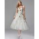 A-Line Prom Dresses Elegant Dress Wedding Guest Engagement Tea Length Sleeveless Jewel Neck Chiffon with Lace Insert Appliques 2024