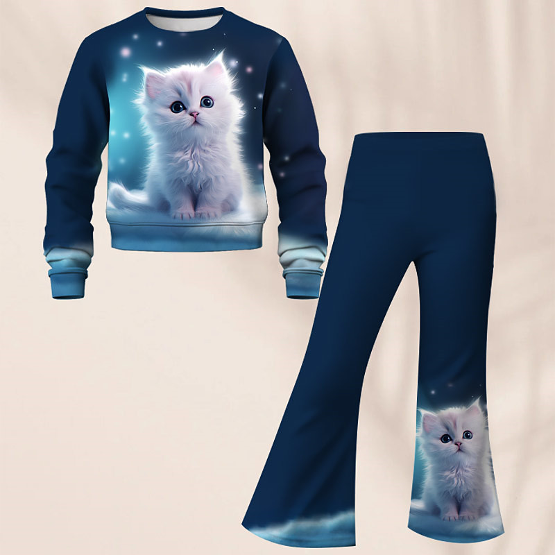 Girls' 3D Galaxy Cat Set Sweatshirt Flare Pants Set Long Sleeve 3D Print Fall Winter Active Fashion Daily Kids 4 years Crew Neck Outdoor Vacation Date Regular Fit