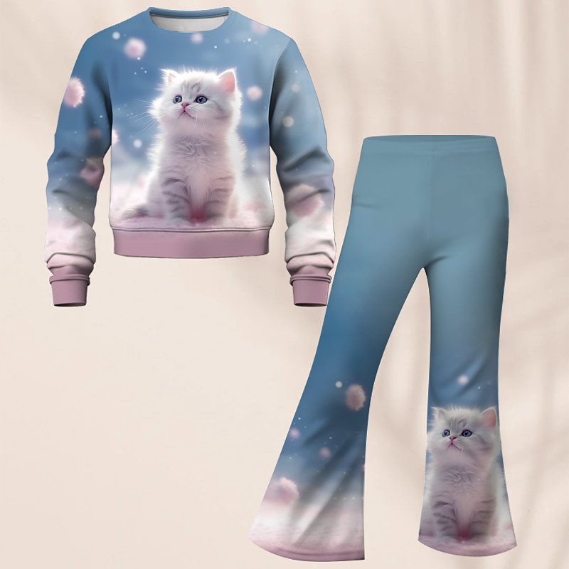 Girls' 3D Galaxy Cat Set Sweatshirt Flare Pants Set Long Sleeve 3D Print Fall Winter Active Fashion Daily Kids 4 years Crew Neck Outdoor Vacation Date Regular Fit