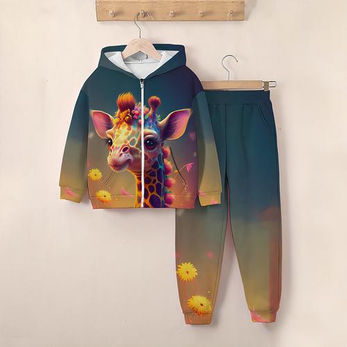 Girls' 3D Giraffe Hoodie Sweatpants Set Long Sleeve 3D Printing Fall Winter Active Fashion Cute Kids 3-12 Years Zip Hooded Outdoor Street Regular Fit