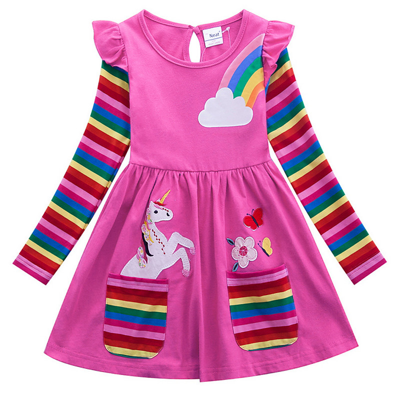 Kids Little Girls' Dress Unicorn Rainbow Flower T Shirt Dress Tee Dress Cartoon With Pockets Print Blue Yellow Cotton Above Knee Long Sleeve Active Casual Dresses Regular Fit 2-8 Years