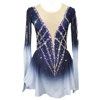 Figure Skating Dress Women's Girls' Ice Skating Dress BlueLight Blue Patchwork Open Back Mesh Spandex Stretchy Training Practice Professional Skating Wear Crystal / Rhinestone Long Sleeve Figure