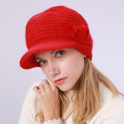 Women's Knit Hat Bow Pom Poms Decor Thermal Winter Hat With Sun Visor For Outdoor