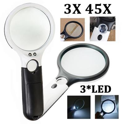 3X 45X Lenses Magnifier 3 LED Light Handheld Reading Magnifying Glass Lens Jewelry Watch Loupe Reading Lens Magnification Aid,Reading Magnifier For The Elderly