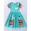 Kids Girls' Dress Cartoon Rainbow Short Sleeve School Party Embroidered Cute Cotton Knee-length T Shirt Dress Tee Dress Summer 3 years Gray