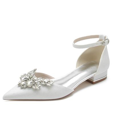 Women's White Satin Flats with Rhinestone Floral Design – Elegant Pointed-Toe Wedding or Evening Shoes