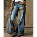 Women's Jeans Flared Pants Bell Bottom Faux Denim Flower / Floral Side Pockets Wide Leg Full Length High Elasticity Mid Waist 3D Print Casual 1 2 S M Summer Spring Fall