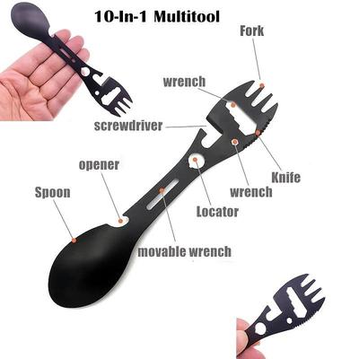 10-in-1 Multi-Functional Spork Stainless Steel Portable Utensil Spoon, Can Opener, Serrated Knife, Wrench, Direction Indicator, Harpoon - Perfect For Outdoor Camping, Hiking, Picnic Travel