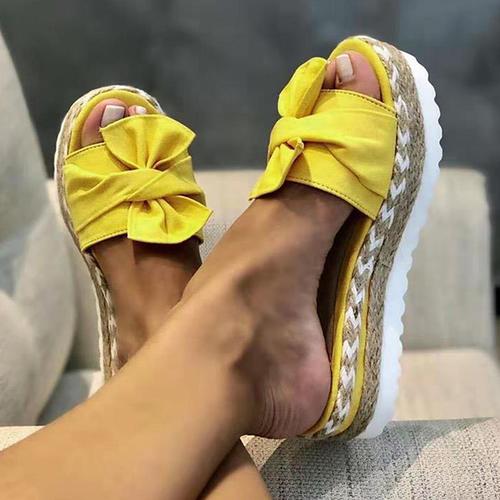 Women's White Bow Espadrille Platform Sandals – Casual Summer Slide-On Wedges with Braided Jute Sole