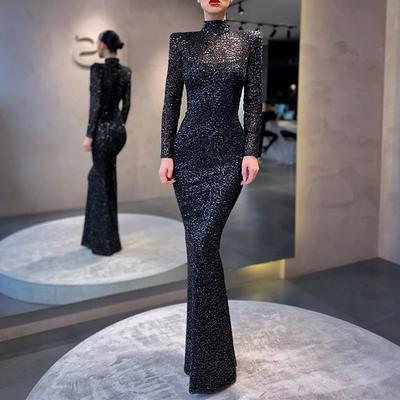 Mermaid Evening Gown Elegant Dress Formal Cocktail Party Floor Length Long Sleeve High Neck Sequined with Sequin Masquerade Dress 2025