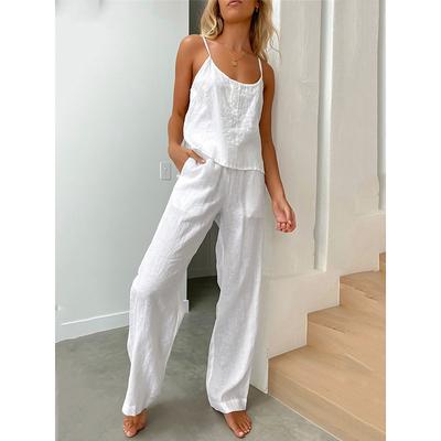 Women's Pajamas Two Piece Sets Simple Basic Comfort Pure Color Cotton Linen Sets Strap Top Home Daily Bed Sleeveless Straps White Blue Light Grey Dark Gray Summer