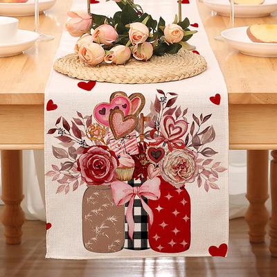 Valentines Day Table Runner Holiday Table Runner Seasonal Farmhouse Burlap Table Cloth for Wedding Anniversary Home Kitchen Dinner Table Party Decor