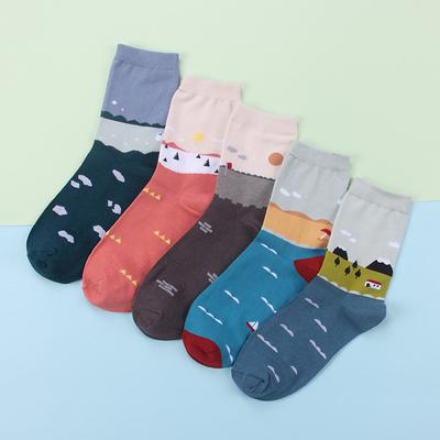 5 Pairs Women's Crew Socks Work Daily Holiday Multi Color Cotton Casual Vintage Retro Casual Cute Sports Socks
