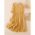 Women's Midi Dress Cotton Linen Casual Classic Crew Neck 3/4 Sleeve Spring Autumn Loose Fit Plain White Yellow Pink M-3XL