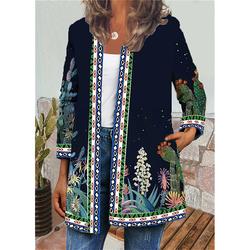 Women's Jacket Casual Floral Print Fall Regular Coat Round Neck Regular Fit Breathable Casual St. Patrick's Day Jacket Long Sleeve Floral Print Green Blue Daily Holiday